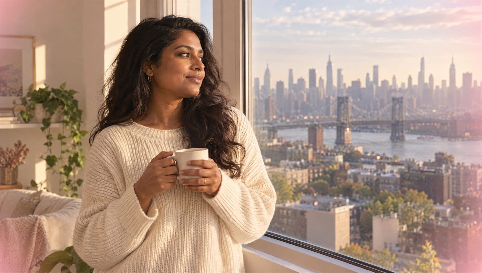 A woman with a cup of coffee looking out over the New York skyline