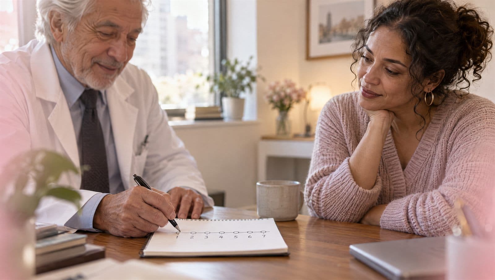 A doctor walking a patient through a seven-day evaluation plan at his desk