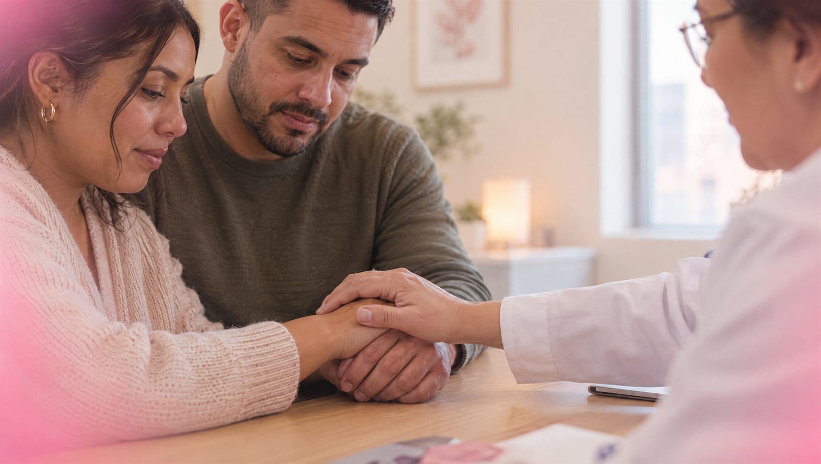 A doctor holding a couple's hands across the desk during an IVF consultation